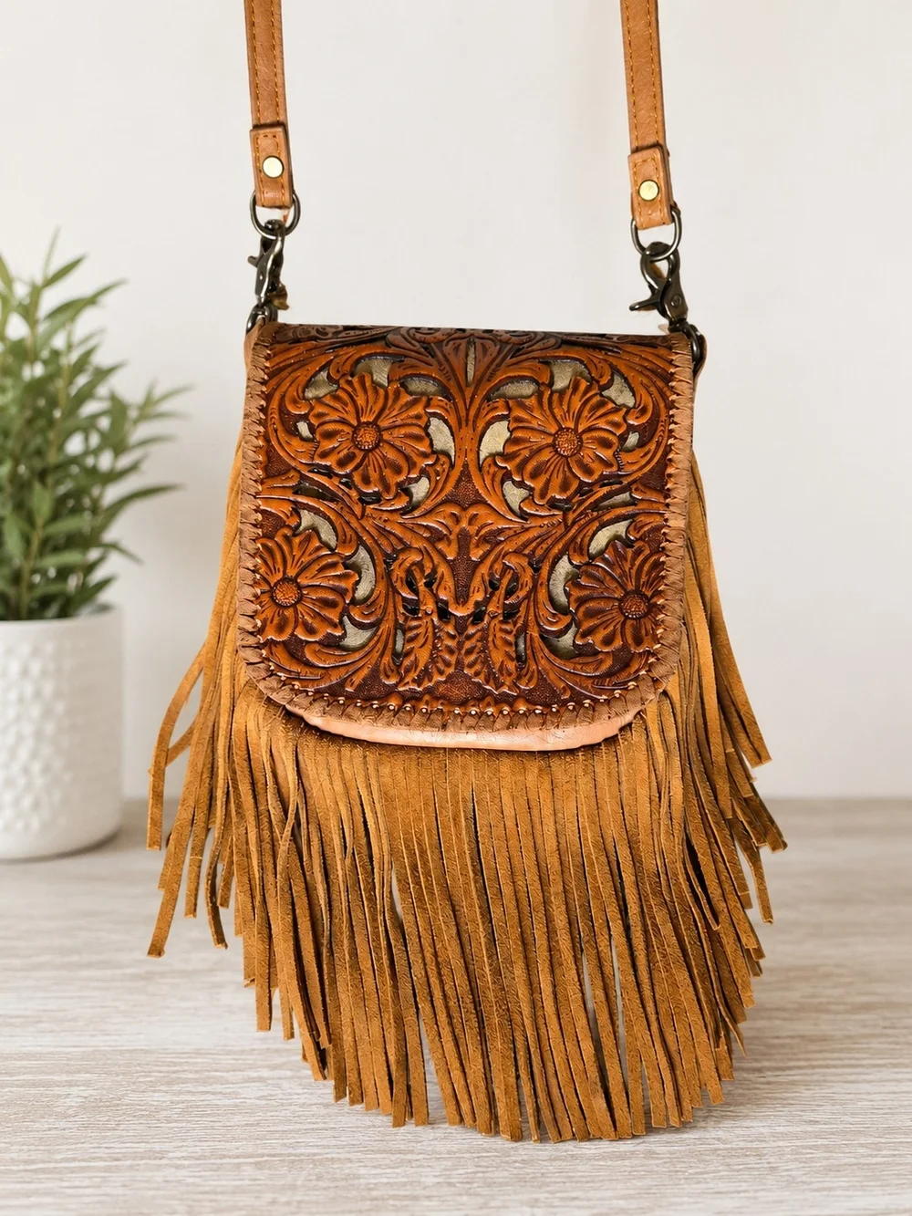 Montana West Tooled Leather Fringe Crossbody Bag Boho Western Tan